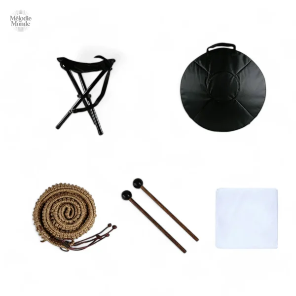 Instrument de musique handpan, tonalité Ré mineur, design artisanal